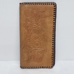 Vintage Hand Tooled Tan Leather Flowers Embossed Checkbook Holder Wallet Unisex